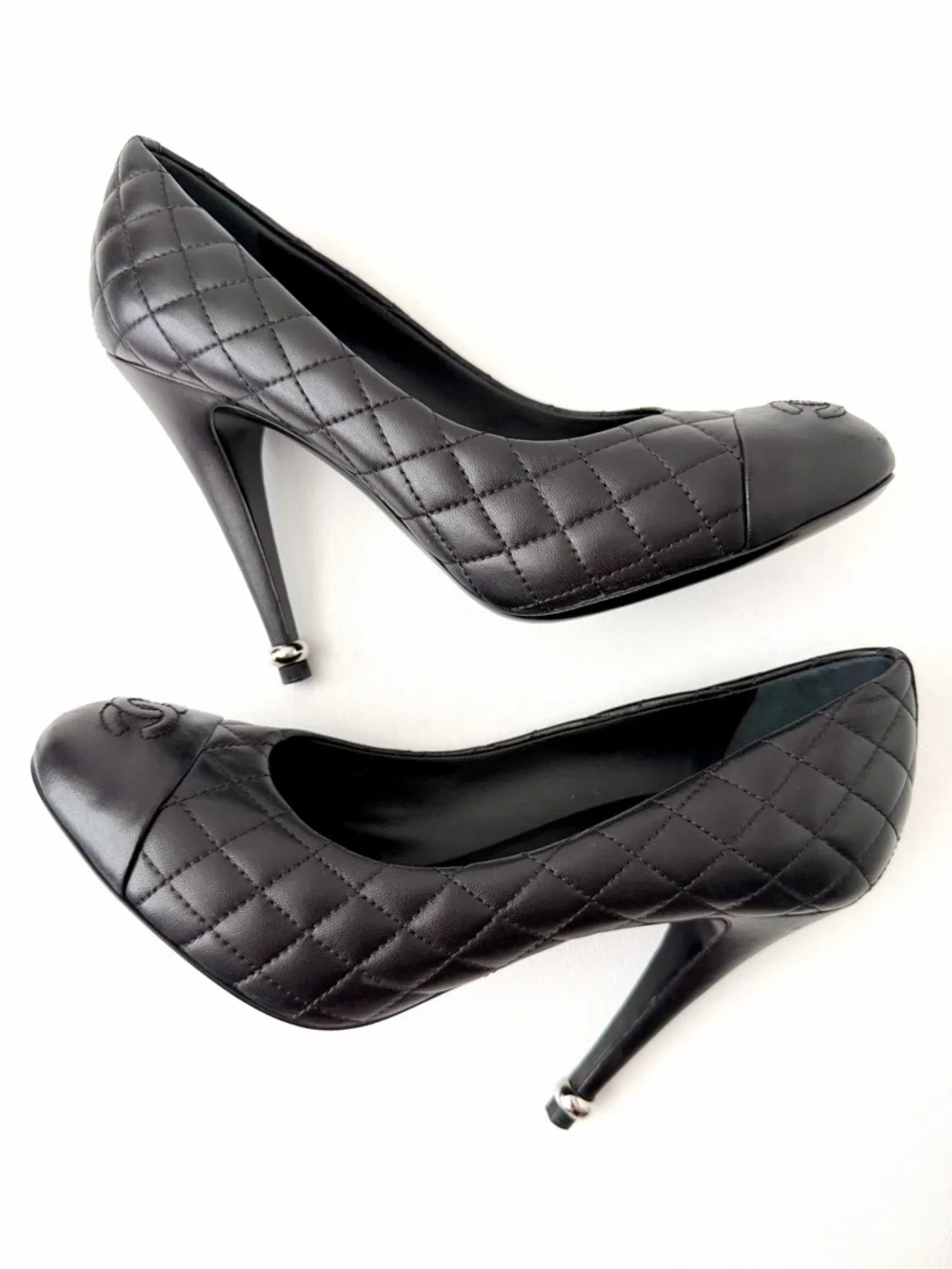 CHANEL | Black Quilted CC Cap Toe Leather High Heel Pumps EU 37.5